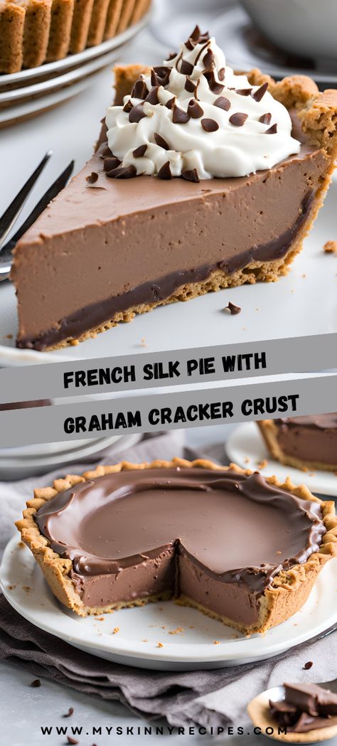 Indulge in the creamy decadence of this French Silk Pie with a buttery graham cracker crust! This classic dessert features a rich chocolate filling topped with fluffy whipped cream and chocolate shavings. Perfect for any occasion, this pie is sure to impress your guests and leave them craving more!

#FrenchSilkPie #ChocolateLovers #DessertRecipe  #myskinnyrecipes 🍫🍰 Easy French Silk Pie, Recipe With Graham Cracker Crust, Graham Cracker Crust Dessert, Graham Cracker Crust Pie Recipes, French Silk Pie Recipe, Chocolate Silk Pie Recipe, Graham Dessert, Pie With Graham Cracker Crust, Silk Pie Recipe