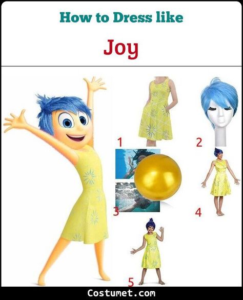 Inside Out Cosplay, Joy Costume, 2 Halloween Costumes, Film Theme, Inside Out Joy, Inside Out Costume, Joy Inside Out, Blue Wig, Holiday Costumes