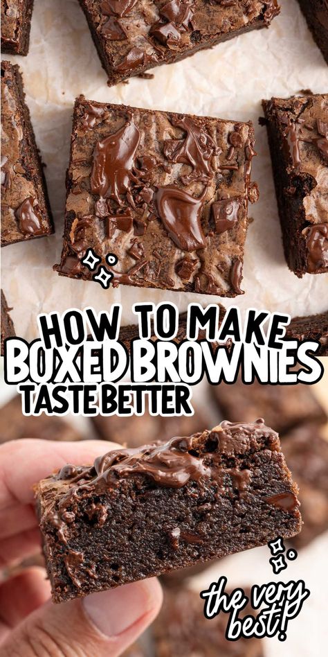 Upgrade your box of brownie mix! Learn how to make better boxed brownies with this easy (and oh-so-YUMMY) recipe for fudgy, chocolate brownies. Boxed Brownies Better, Boxed Brownie Recipes, Boxed Brownies, Fudgy Chocolate Brownies, Brownie Mix Recipes, Cake Mix Brownies, Brownies Recipes, Quick Baking, Fudgy Brownie Recipe