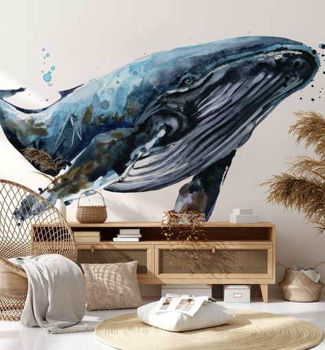 Mermaid Wall Decals, Whale Watercolor, Baby Room Decals, Nature Decal, Wall Mural Decals, Plan Paris, Ocean Wall Decor, Watercolor Whale, Animal Wall Decals