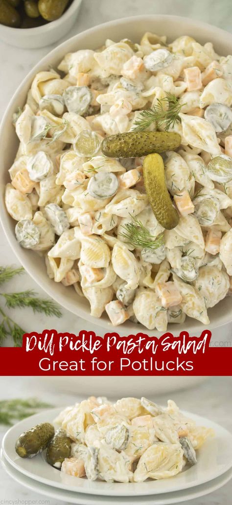 This Dill Pickle Pasta Salad is an easy, delicious side dish that's perfect for potlucks and summer barbecues. It's made with pasta, dill pickles, and a creamy dressing. The tangy flavor of the dill pickles pairs perfectly with the creamy dressing. This salad is always a crowd a favorite. Cookout Pasta Salad, Picnic Salads For A Crowd, Vbs Meals, Easy Bbq Side Dishes For A Crowd, Cookout Side Dishes For A Crowd, Bbq Side Dishes For A Crowd, Grill Side Dishes, Easy Side Dishes For Bbq, Boat Meals