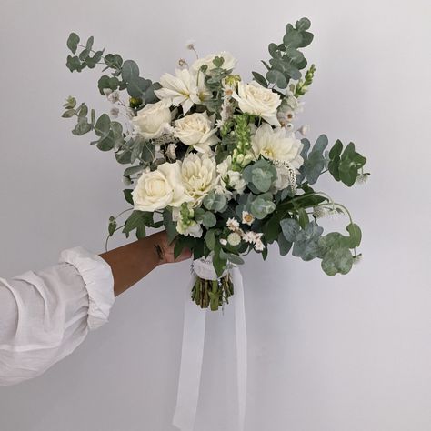 White and Green bridal bouquet made with dahlias, roses and gum White And Green Bridal Bouquet, Dahlia Wedding Bouquets, Green Bridal Bouquet, Dahlias Wedding, Gum Leaves, Dahlia Bouquet, Eucalyptus Bouquet, Green Bouquet, Rose Wedding Bouquet