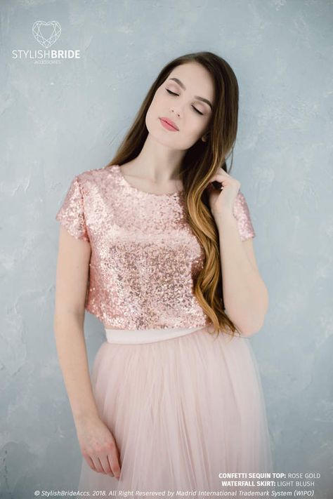 Rose Gold Blouse, Rose Gold Sequin Top, Rose Gold Top, Gold Sequin Top, Long Sleeve Bridesmaid Dress, Party Crop Tops, Tulle Long Skirt, Sukienki Plus Size, Sequined Top