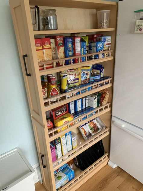 Fridge Gap Storage, Slim Pantry Ideas, Side Of Fridge Storage, Vertical Pantry, Diy Pantry Cabinet, Rolling Pantry, Tiny Pantry, Slide Out Pantry, House Pantry