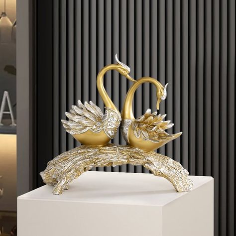 14.2" Gold Modern Simulation Couple Swan Sculpture Art Ornament Home Table Statue Decor Gold Swan, Photo Table, Swan Figurine, Desk In Living Room, Room Display, Swans, Decor Interior Design, Resin Crafts, Decorative Objects