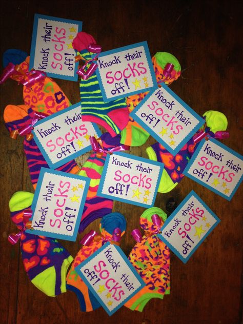 Knock their socks off! One of the items in gift bags for traveling dance team. Dance Secret Sister Gift Ideas, Big Buddy Little Buddy Gifts, Cheer Goodie Bags Ideas Team Snacks, Big Sister Volleyball Gifts, Good Luck Cheer Gifts, Volleyball Secret Sister Gift Ideas, Gymnastics Good Luck Gifts, Volleyball Team Gifts Diy Goodie Bags, Dance Team Ideas