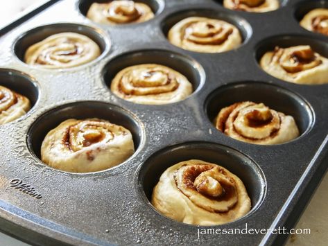 Muffin Pan Cinnamon Rolls Recipe | James & Everett Pan Cinnamon Rolls, Breakfast Oatmeal Muffins, Cinnamon Roll Cupcakes, Pillsbury Cinnamon Rolls, Mini Cupcake Pan, Cinnamon Roll Muffins, Cinnamon Filling, Breakfast Oatmeal, Sweet Dough