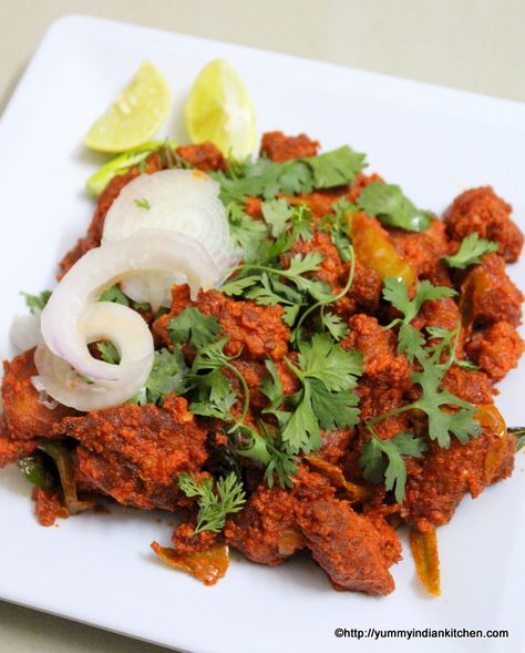 Chicken 65 is one of the most popular snack and a starter recipe all across India… Chicken 65 Recipe Indian Style, Hyderabad Food, Chicken 65 Recipe, Hyderabadi Chicken, Chettinad Chicken, Chicken 65, Chicken Recipes Easy Quick, Pakistani Dishes, Desi Khana