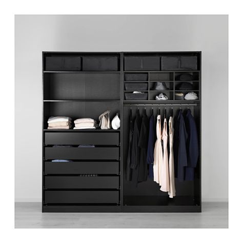 PAX Wardrobe - 200x66x201 cm, soft closing damper - IKEA Black Wardrobe Closet, Mens Bedroom Decor, Organized Closet, Wardrobe Black, Bedroom Cupboard, Open Closet, Pax Wardrobe, Black Wardrobe, Mens Bedroom