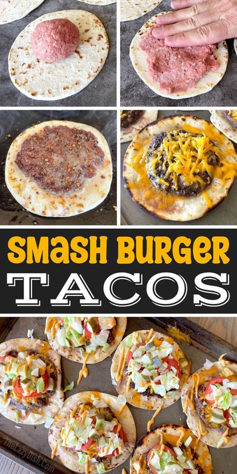 Cheeseburger Tacos, Smash Burger Tacos, Burger Tacos, Griddle Cooking Recipes, Smash Burger Recipe, Taco Burger, Griddle Recipes, Fast Dinner Recipes, Griddle Cooking