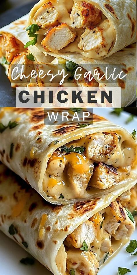 Chicken Wrap Ingredients: 2 large chicken breasts, diced 1 tbsp olive oil 2 tsp garlic powder 1 tsp onion powder 1 tsp paprika Salt and pepper, to taste 1 cup shredded cheddar cheese 1/2 cup shredded mozzarella cheese 4 large flour tortillas 1/2 cup creamy garlic sauce (store-bought or homemade) Fresh parsley, chopped (optional, for garnish) #chicken #easyrecipes #camilarecipes Shredded Chicken Breast Recipes, Cheesy Garlic Chicken, Wrap Ingredients, Chicken Wrap Recipes, Turkey Neck, Creamy Garlic Sauce, Chicken Wrap, Work Meals, Easy Lunch Recipes