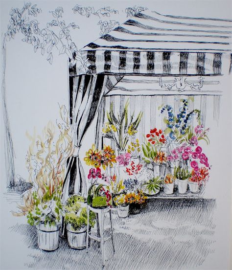 "THE FLOWER STAND " | Dancing Strokes House Garden Landscape, Flower Cart, July 1st, Watercolor Sketchbook, Flower Stand, Art Pens, Garden Landscape, Landscape Drawings, Pen And Watercolor