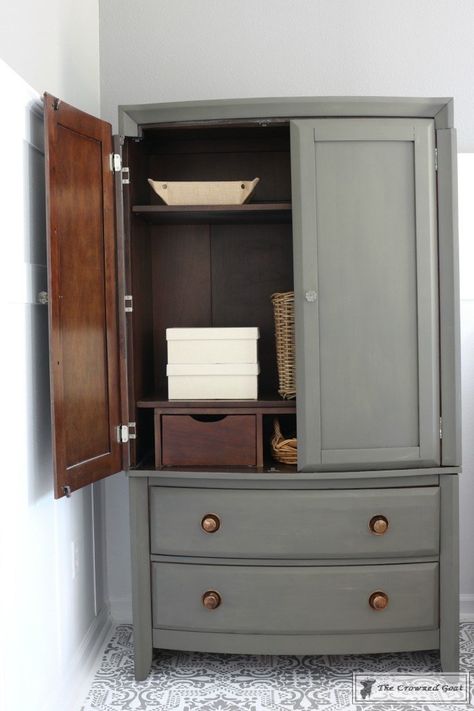 Redone Wardrobe Furniture, Guest Room Armoire, Modern Farmhouse Armoire, Diy Tv Armoire, Tv Amoire Ideas, Armoire Diy Makeover, Armoir Makeover Diy, Armoire Makeover Paint, Wardrobe Furniture Flip