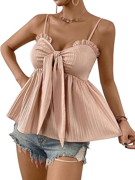 SweatyRocks Women's Sleeveless Spaghetti Strap Tie Front Cami Top Ruffle Trim Flare Hem Peplum Tank Tops at Amazon Women’s Clothing store Tie Front Cami Top, Tank Top Pattern, Ruffle Trim Top, Tube Tops, Strapless Tops, Summer Tank Tops, Party Tops, Amazon Women, Newest Trends