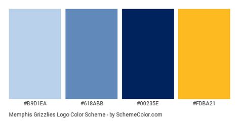 Download Memphis Grizzlies Logo color scheme consisting of #b9d1ea, #618abb, #00235e and #fdba21. This 4 colors palette has been categorised in Brand and Logo, Light, Light Blue and Yellow color categories. Yellow Blue White Color Scheme, Yellow And Navy Color Palette, Yellow And Blue Website Design, Logo Color Palette Branding Blue, Dark Blue And Yellow Color Palette, Light Blue Yellow Color Palette, 4 Colors Palette, Yellow And Blue Color Scheme, Color Palette Yellow And Blue