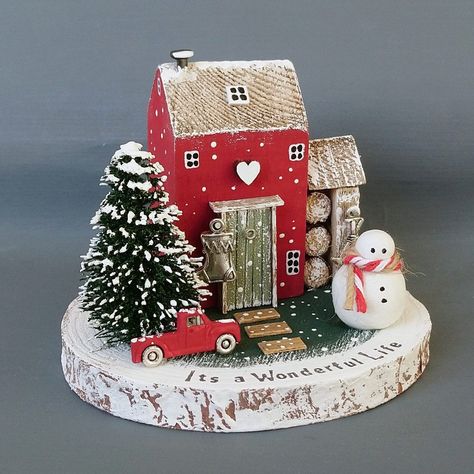 Wood House Christmas Decor, Christmas Village Ideas, Snowy Christmas Scene, Clay Snowman, Scrap Wood Crafts, It's A Wonderful Life, Wood Houses, Diy Christmas Village, Wood Block Crafts