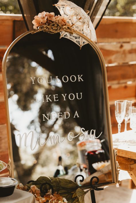 Wedding Getting Ready Mimosa Bar, Wedding Shower Mirror Sign, Bridal Shower Brunch Signs, Boozy Brunch Bridal Shower Decor, Bridal Mimosa Bar, Bridal Shower Sign Mirror, Mimosa Brunch Bridal Shower Ideas, Antique Bridal Shower Ideas, Bridal Shower Bar Sign