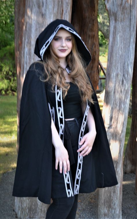 Handmade short black cloak with unique border, arm holes, and hood. Cloak With Arm Holes, Mage Cloak, Black Cloak, Cloak, Rain Jacket, Black