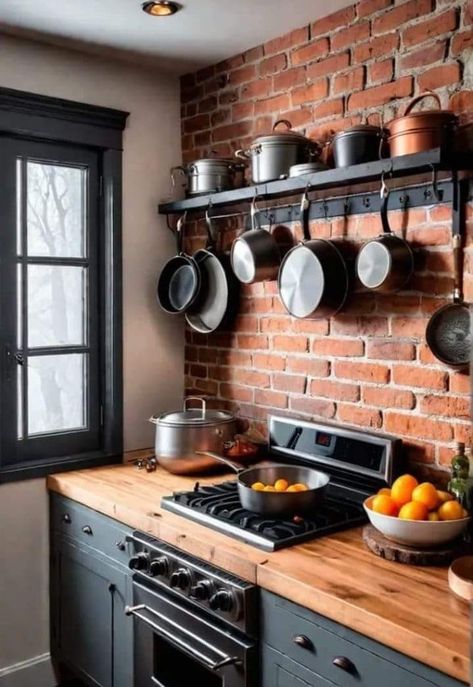 Brick Wall In The Kitchen, Red Brick Kitchen Ideas, Brick Wall In Kitchen, Unique Wall Treatments, Red Brick Kitchen, Brick Kitchen Wall, Kitchen With Brick Wall, Kitchen Brick Wall, Exposed Brick Kitchen