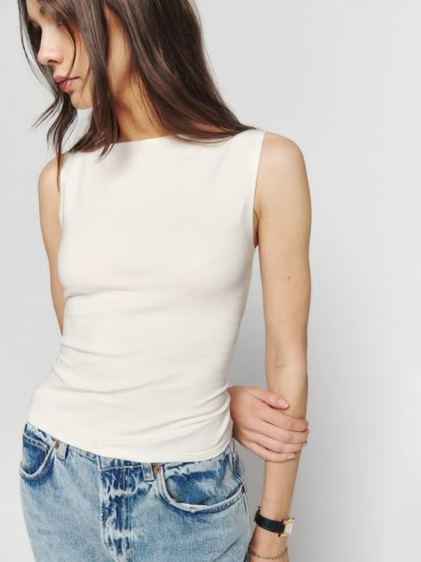 Dusk Knit Top - Sleeveless | Reformation Boat Neck Tops, Stretchy Tops, Knit Tank Top, Boat Neckline, Knit Tank, Knitted Tank Top, Knit Tanks, Boat Neck, Workout Tops