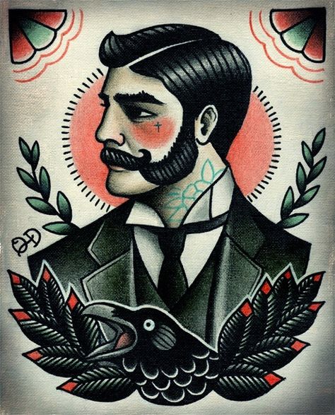 Victorian gentleman. Flash art tattoo. Traditional tattoo.                                                                                                                                                     More Guy Tattoos, Gentleman Tattoo, Traditional Portrait, Old School Ink, Hamsa Tattoo, Tattoo Old School, Old School Tattoo Designs, Geniale Tattoos, American Tattoos