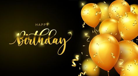 Birthday balloons vector banner template. Happy birthday greeting text with elegant gold balloons and confetti element in black background for celebrating birth day design. Vector illustration Happy Birthday Background Design Landscape, Happy Birthday Landscape Background, Happy Birthday Template Layout, Birthday Background Landscape, Happy Birthday Landscape, Template Happy Birthday, 21st Birthday Wishes, Happy Birthday Words, Birthday Banner Template