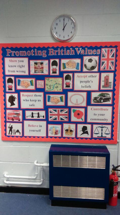 Entrance display to promote British values within our school community through "typically British" images, child friendly principles and qr code linking to our school policy. British Values Display Eyfs, British Values Eyfs, British Values Display, Nursery Display Boards, Values Display, British Images, Entrance Display, School Council, Teaching Displays