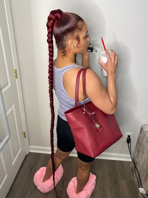 Barbie Ponytail With Box Braids, Red Hair Black Women Ponytail, Burgundy Braided Ponytail, Long Red Ponytail, Red Braided Ponytail, Red Ponytail Hairstyles For Black Women, Hairstyles For Afro Hair, High Ponytail Braid, Red Weave Hairstyles