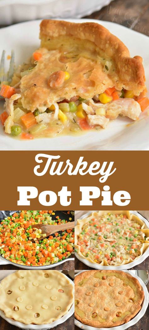 Turkey Pot Pie is very easy to make with ready pie crust, turkey meat, vegetables, and creamy sauce. It's a great recipe for leftover holiday turkey. #turkey #potpie #leftover #dinner #pie Leftover Turkey Pot Pie With Cream Of Chicken Soup, Turkey Pot Pie With Cream Of Chicken, Turkey Pot Pie Using Leftover Gravy, Turkey Pot Pie Recipe With Cream Of Chicken Soup, Turkey Pot Pies Recipes Easy, Turkey Leftover Pot Pie, Turkey Pot Pie With Pie Crust, Turkey Pot Pie Recipe Easy Bisquick, Leftover Turkey Pot Pie Easy