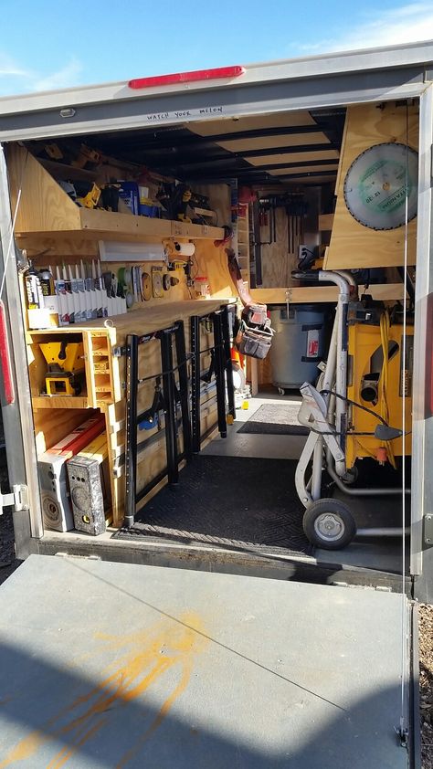 Trailer Build Ideas, Shelving For Enclosed Trailer, Carpenters Trailer Setup, Plumbing Trailer Organization, Tool Trailer Setup, Work Trailer Storage Ideas, Enclosed Trailer Workshop, Trailer Storage Ideas Construction, Trailer Workshop Ideas