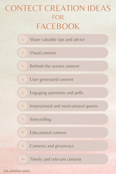 Content creation for Facebook is crucial to engage your audience and build a strong online presence. Here are some ideas for creating compelling content for Facebook. Remember to vary your content formats and experiment with different post types, such as status updates, image posts, videos, carousels, or live videos. Monitor the performance of your posts using Facebook Insights to understand what resonates with your audience and adjust your content strategy accordingly. #socialmediamarketing Content Formats, Content Creation Ideas, Giveaway Contest, Content Strategy, Visual Content, Live Video, Online Presence, Content Creation, Inspirational Quotes Motivation