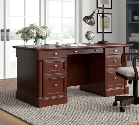 $582 Formal Study, Credenza Desk, Desk Office Decor, Cherry Desk, Double Pedestal Desk, Wood Office Desk, Computer Desk With Hutch, Classic Desk, Office Lobby