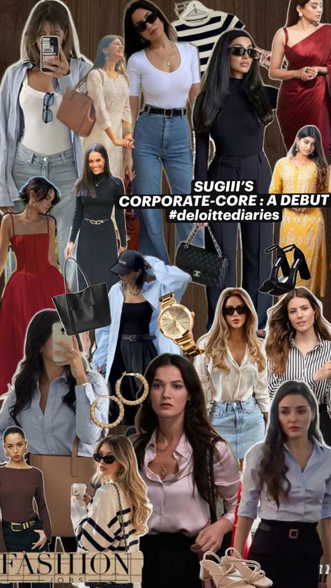 This collage, "Sugiii’s Corporate-Core: A Debut," artfully presents a range of sophisticated yet approachable outfits worn by Sugiii for her first job at Deloitte in India, obviously the collage represents the thoughtful compilation of fashion inspirations for the polished looks; these fits would be perfect for the modern workplace. With a mix of tailored silhouettes, classic accessories, and vibrant pops of color, it captures the essence of a professional wardrobe that’s both functional and stylish. It's a humble homage to the joy of dressing well for the everyday hustle. Modern Workplace, Dressing Well, Fashion Jobs, Classic Accessories, Outfit Collage, Professional Wardrobe, Seamless Transition, First Job, Office Outfits