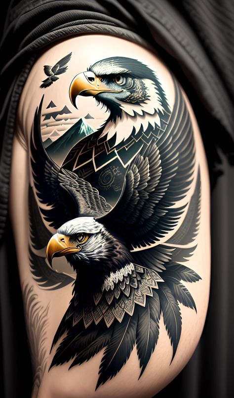 Double Eagle Tattoo, Realistic Eagle Tattoo Design, Latte Art Tattoo, Eagle Tattoo Design, Tattoo Eagle, Traditional Eagle, Bald Eagle Tattoos, Traditional Eagle Tattoo, Cheetah Tattoo