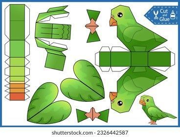 Kids paper craft template. Education game. Cut and glue a paper 3d parrot. DIY papercraft cutout puzzle toys. Activity worksheet for children. Create to bird for birthday decor. 3d Bird Paper Craft, Paper Cutout Template, 3d Bird Craft, Bird Paper Craft, Paper Craft Template, Svg Crafts, Template Craft, 3d Templates, Bird Template