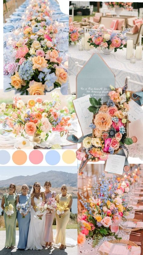 Pastel Wedding Theme, Wedding Theme Color Schemes, Wedding Color Palette Summer, Wildflower Wedding Theme, Spring Wedding Color Palette, Multicolor Wedding, Wedding Themes Spring, Wedding Color Pallet, Wedding Motifs