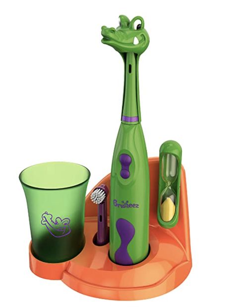 Brusheez® Kid's Electric Toothbrush Set - Soft Bristles, Easy-Press Power Button, Battery Operated, 2 Brush Heads, Animal Cover, Sand Timer, Rinse Cup and Storage Base - Ages 3+ (Snappy The Croc) #KidsBirthday Kids Electric Toothbrush, Electronic Toothbrush, Kids Dentist, Sand Timer, Brush Teeth Kids, Kids Electronics, Sand Timers, Manual Toothbrush, Sink Countertop