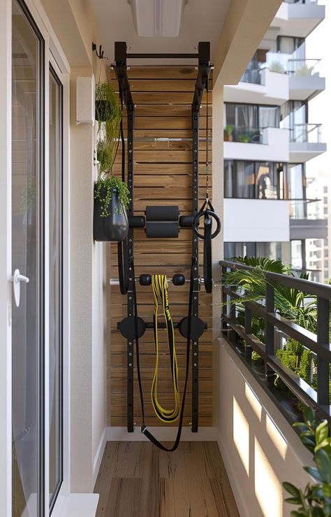 Balcony Gym Ideas, Patio Gym Ideas, Pilates Relaxation, Yoga Balcony, Home Gym Interior Design, Home Gym Interior, Gym Corner, Yoga Nook, Patio Gym