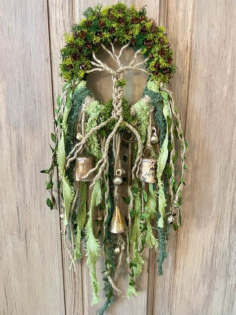 Pagan Christmas Wreath, Pagan Wreath, Tree Of Life Wreath, Mossy Wreath, Moon Wreaths, Twine Wreath, Yule Crafts, Witch Bells, Door Protection