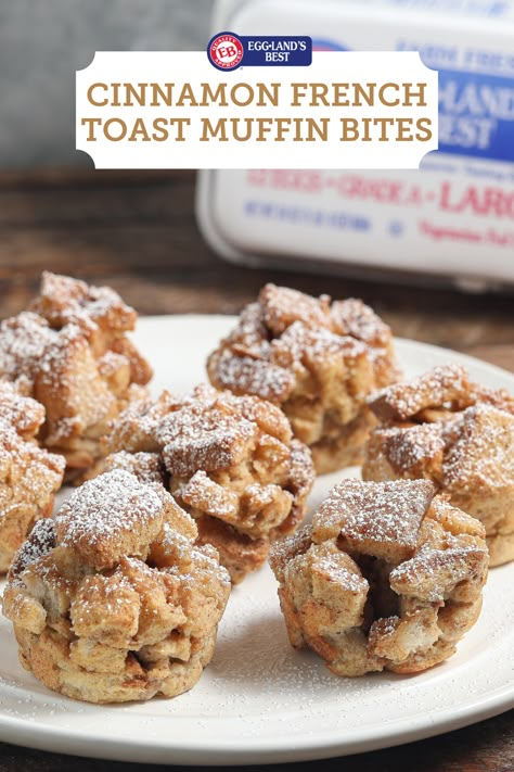 Wake up to a bite of savory deliciousness with these Cinnamon French Toast Muffin Bites. Mornings just got a lot better for everyone😋 #madewithEB #onlyfeedmeEB #egglandsbest #cinnamon #frenchtoast #muffintin Cinnamon French Toast Bites Recipe, Cinnamon French Toast Muffin Bites, Cinnamon French Toast Muffins, Classroom Cookbook, Cinnamon French Toast Bites, French Toast Bites Recipe, Bite Size Breakfast, Muffin Bites, French Toast Brunch