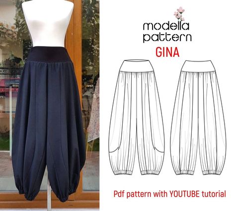 #modella_gina #pdfpattern #sewingcommunity #sewing #sewingpattern #pdfpattern #yogapants #harempants #sewingyoutuber Loose Pants Pattern Sewing, Harem Pants Drawing, Pants Pattern Womens, Boho Pants Pattern, Harem Pants Sewing Pattern, Wrap Pants Pattern, Harem Pants Pattern, Pant Pattern, Linen Harem Pants