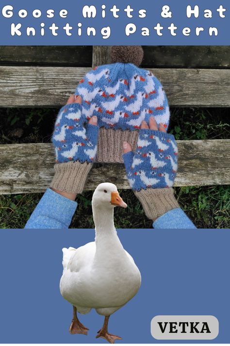 Duck Sweater Knitting Pattern, Duck Knitting Pattern, Goose Mittens, Knit Handwarmers, Knitting Hat Patterns, Knitted Duck, Knitting Colorwork, Goose Hat, Knit Duck