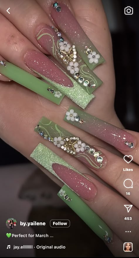 Green Nails Acrylic Birthday, Green Nails Sweet 16, Fairy Garden Acrylic Nails, Long Light Green Nails, Jade Square Nails, Glam Set Nails, Green Acrylic Nails With Charms, Princess Tiana Themed Nails, Light Green Quinceanera Nails