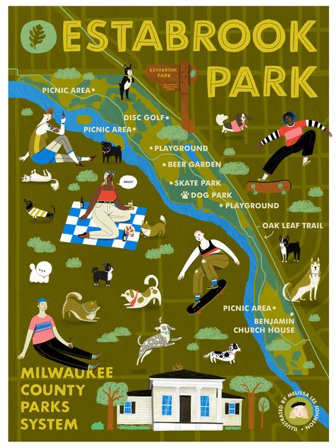 Illustrated map of Estabrook Park in Milwaukee Wisconsin. Includes a beer garden, skate park, dog park, and historic buildings. By Melissa Lee Johnson. Dog Park Design, Beer Illustration, Poster Graphic Design, Milwaukee City, Illustrated Maps, Spring Illustration, Maps For Kids, Map Illustration, Fancy Dog