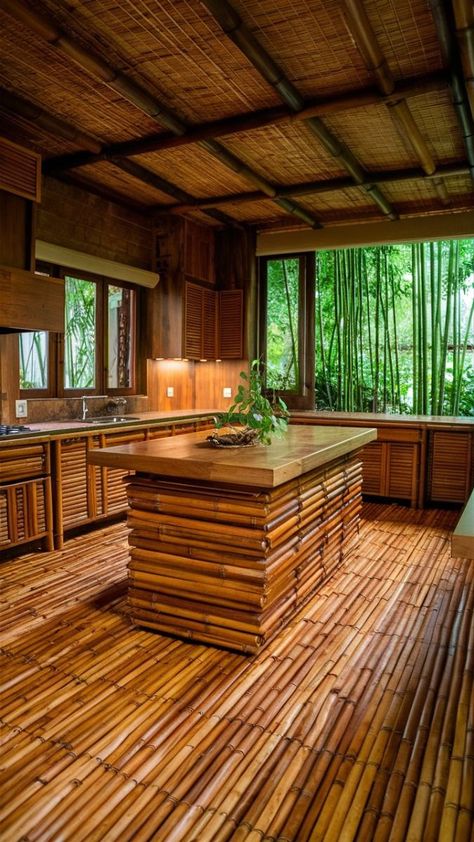 Eco friendly kitchen made out of bamboo trees Bamboo Cottage, Bamboo Villa, Bamboo Furniture Diy, Bamboo Garden Fences, Sustainable Kitchen Design, Bamboo Countertop, Type Of Kitchen, Cottage Outdoor, Bamboo Cabinets