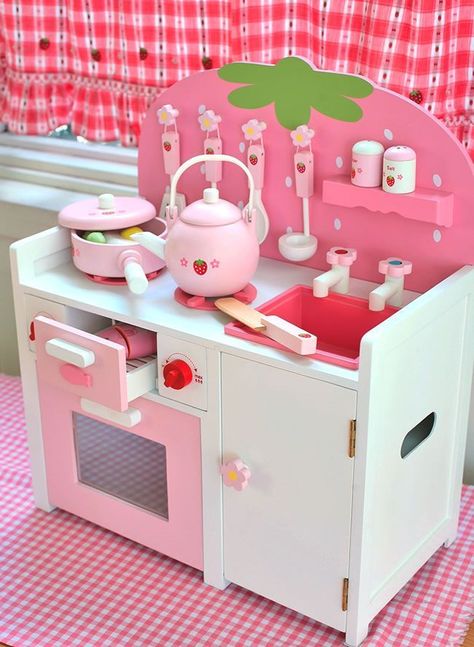 Strawberry play kitchen!! Kids Wooden Kitchen, Kitchen Playsets, Strawberry Kitchen, Toy Kitchen Set, Wooden Play Kitchen, Play Kitchens, Kids Play Kitchen, Kawaii Room, Toy Kitchen