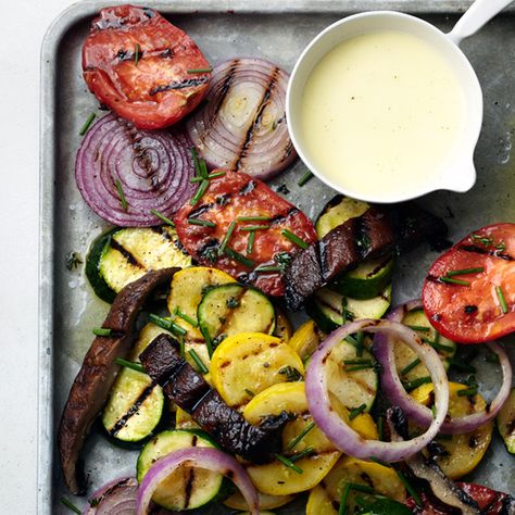 Make a mixed grill platter of vegetables and serve it with a sauce, and you have an impressive, party-worthy dish to serve alongside some simply prepa... Mixed Grill Platter, Vegan Grill, Grill Platter, Scott Conant, Vegetarian Grilling Recipes, Grilled Platter, Grilled Vegetable Recipes, Vegetarian Grilling, Mixed Grill