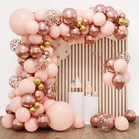 Rose Gold Birthday Theme Ideas, 1st Birthday Balloons, Arch Ideas, Birthday Party Background, Orange Balloons, Balloon Chain, Gold Confetti Balloons, Rose Gold Confetti, Metallic Balloons