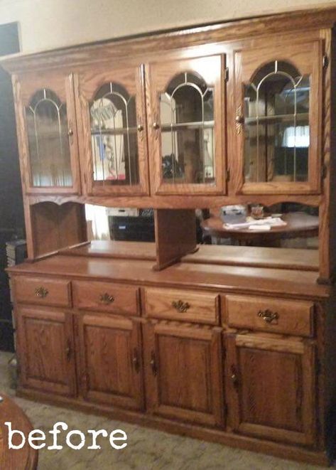 This is a makeover of a dated, oak dining hutch using Annie Sloan Chalk Paint in Paris Grey. Here is the after. What a difference. Keep reading for details on how I completed this look.This hutch had been in a storage unit for some time and smelled pretty funky, so I started off by sealing the entire piece in Zinsser Shellac. This product along with neutralizing smells helps seal water stains and bleed through. It is always a great idea to coat a piece in Shellac if… Dining Room With Hutch, Chalk Painted Hutch, Refinished Hutch, Dining Set Makeover, Bookcase Makeover, Vintage China Cabinets, Bed Makeover, Chalk Paint Makeover, Buffet Makeover