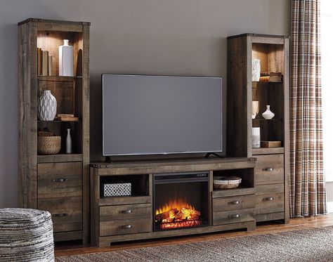 Trinell Entertainment Center W/ Fireplace Signature Design | Furniture Cart Rustic Entertainment Center, Entertainment Center Furniture, Large Tv Stands, Wall Fireplace, Diy Entertainment, Entertainment Center Shelf, Fireplace Entertainment Center, Entertainment Center Kitchen, Entertainment Wall